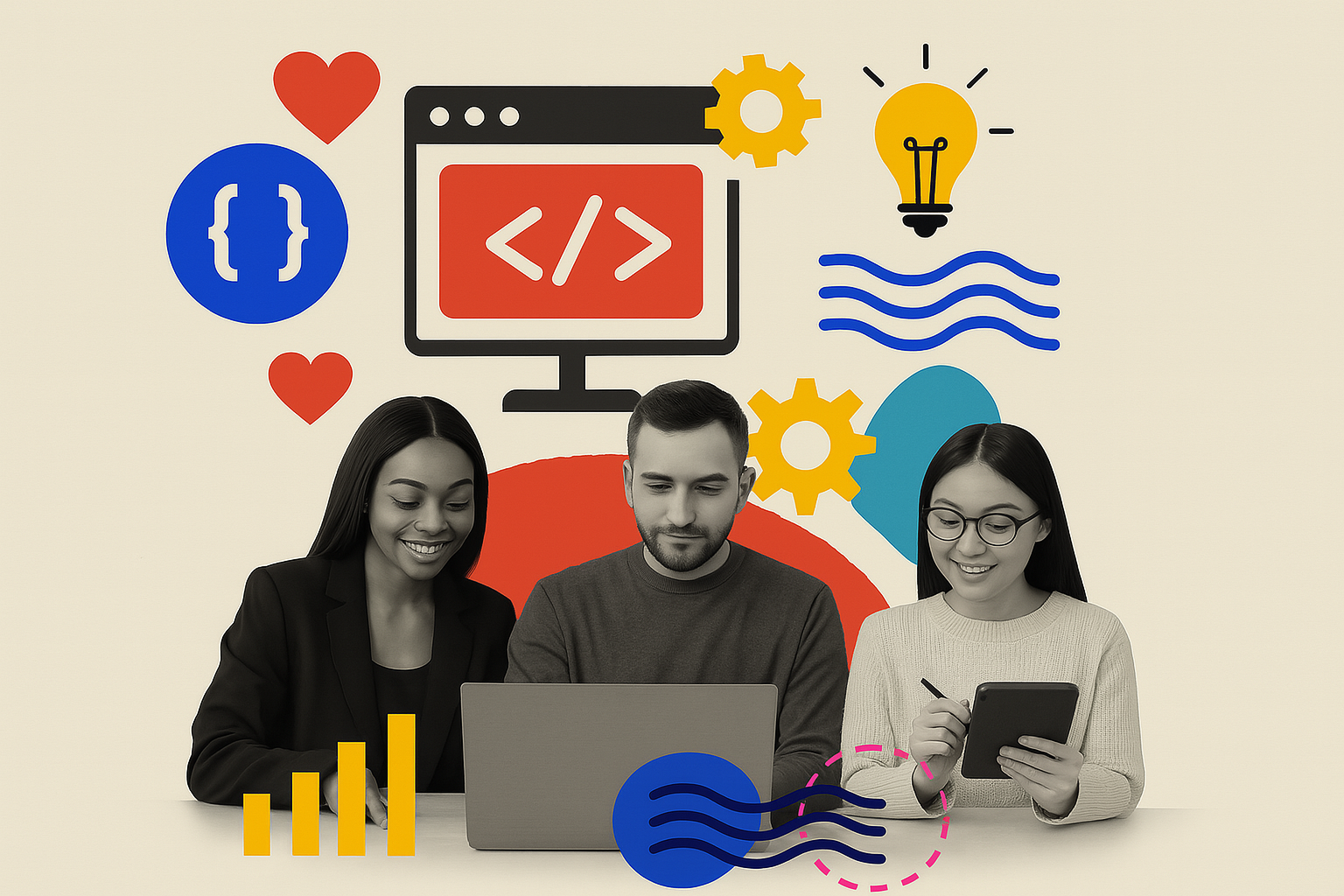 Equipo diverso desarrollando aplicaciones web a medida
