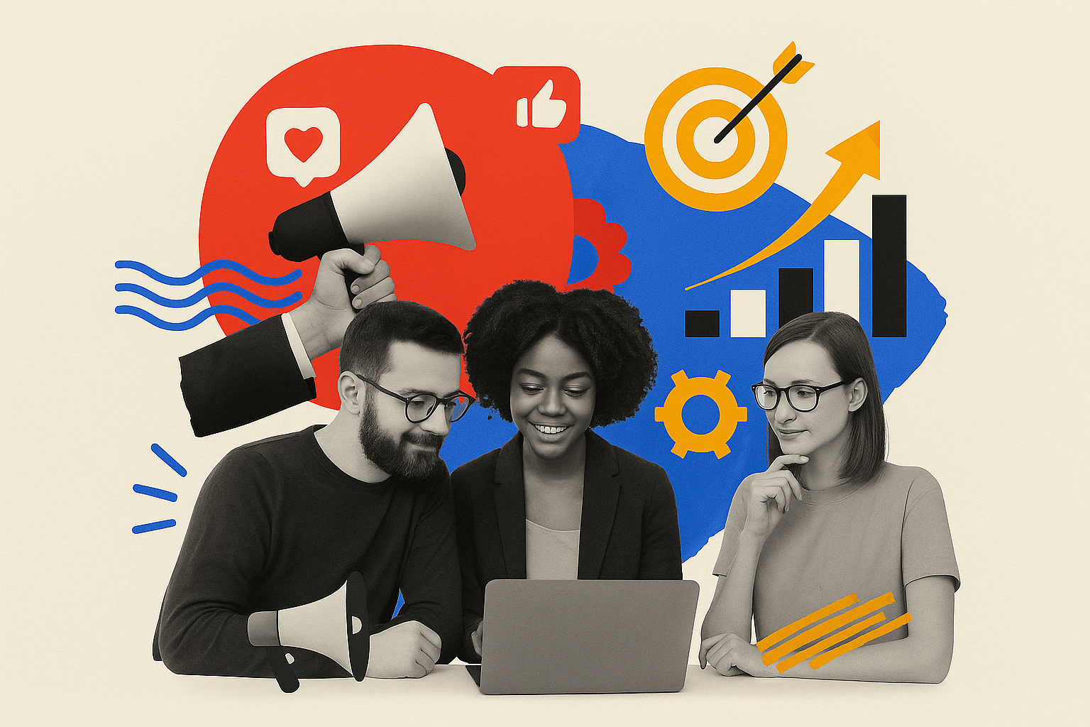 Equipo de marketing en redes sociales trabajando con megáfono, métricas de engagement y estrategias digitales