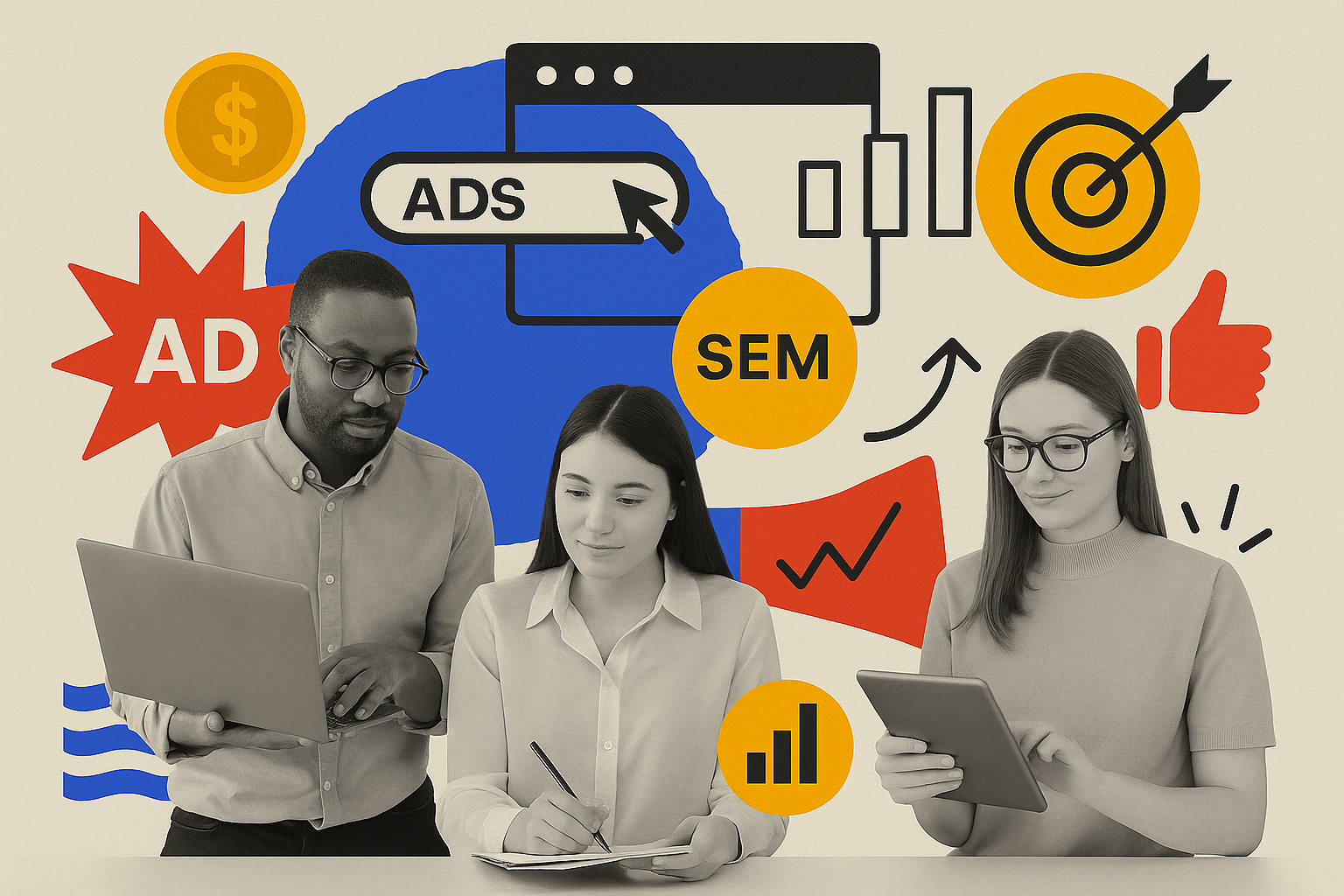 Equipo de marketing en redes sociales trabajando con megáfono, métricas de engagement y estrategias digitales